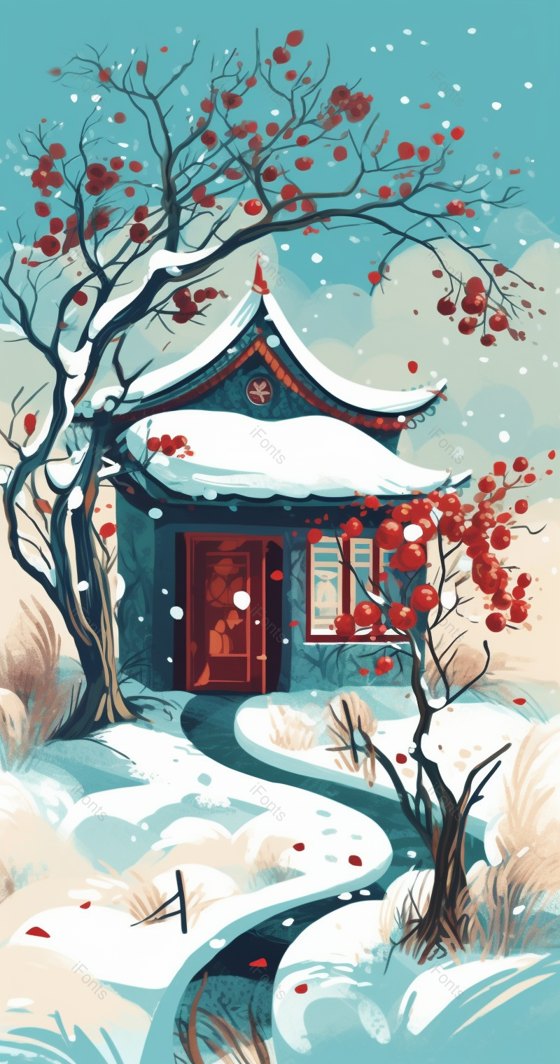 中国风手绘房屋前红色梅花背景,插画/手绘图,插画/手绘图库,插画/手绘图下载,插画/手绘